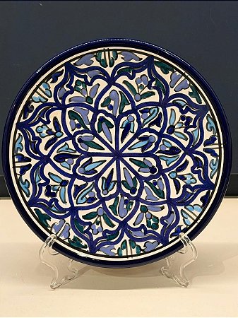 Prato de Parede Pequeno - Tunísia - Decorativo - Cerâmica - Pintado à mão - Azul e Verde