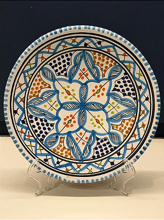 Prato de Parede Pequeno - Tunísia - Decorativo - Cerâmica - Pintado à mão - Azul Claro e Colorido