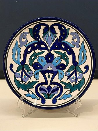 Prato de Parede Pequeno - Tunísia - Decorativo - Cerâmica - Pintado à mão - Azul e Verde