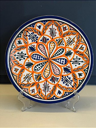 Prato de Parede Pequeno - Tunísia - Decorativo - Cerâmica - Pintado à mão - Laranja e Colorido