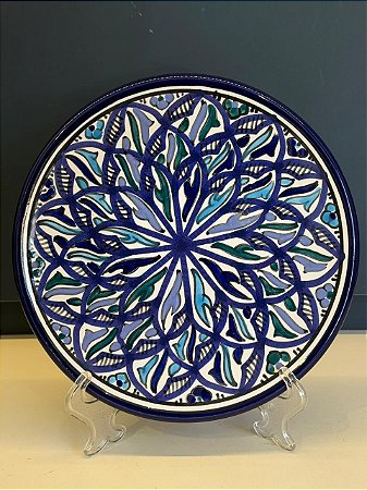 Prato de Parede Pequeno - Tunísia - Decorativo - Cerâmica - Pintado à mão - Azul e Verde
