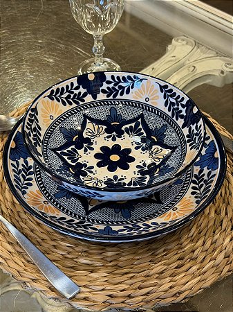 Aparelho de Jantar - Cerâmica - 12 Peças - Azul Escuro e Salmão