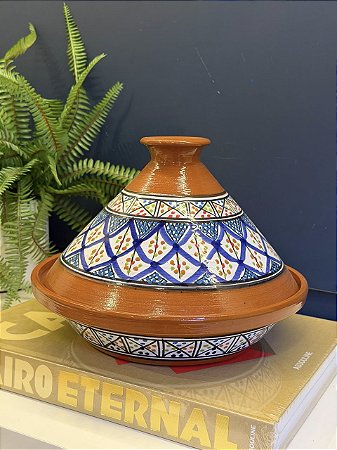 Panela Tagine Marroquina - Cuscuzeira - Cerâmica - Marrom e Azul Escuro