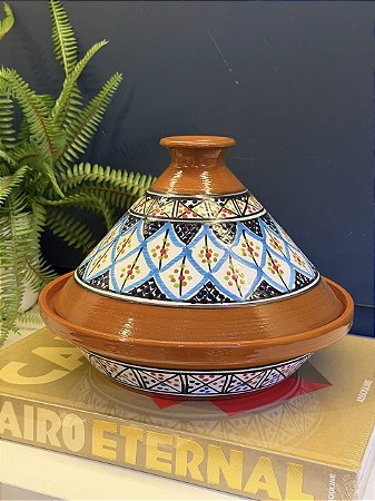 Panela Tagine Marroquina - Cuscuzeira - Cerâmica - Marrom e Azul Claro