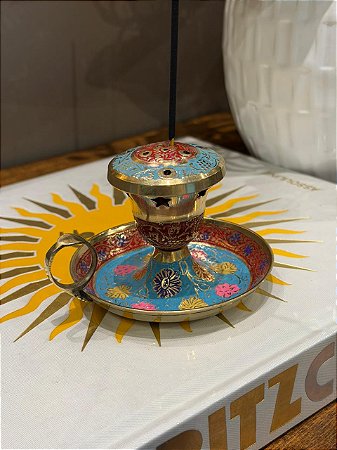 Incensário - Latão - Pintado a Mão - Azul Claro e Vermelho