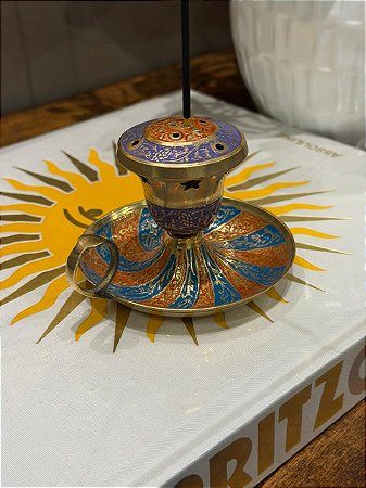 Incensário - Latão - Pintado a Mão - Azul e Vermelho