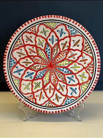 Prato de Parede Pequeno - Tunísia - Decorativo - Cerâmica - Pintado à mão - Vermelho e Colorido