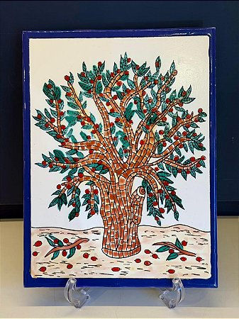 Quadro Azulejo - Tunísia - Sem Moldura - Marrom, Verde e Azul - 33CM