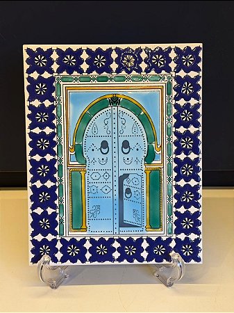 Quadro Azulejo - Tunísia - Sem Moldura - Azul e Verde - 25CM