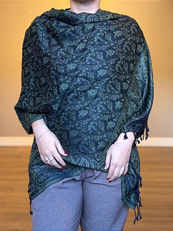 Pashmina de Viscose - Estampada - Verde e Preto