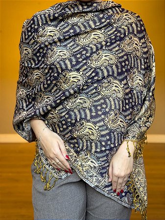 Pashmina de Viscose - Estampada - Preto e bege