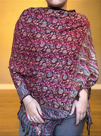 Pashmina de Viscose - Estampada - Vermelho queimado e colorido