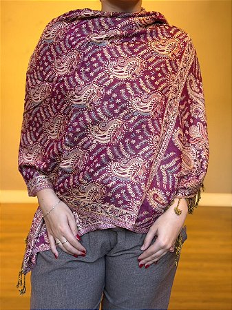 Pashmina de Viscose - Estampada - Magenta e bege