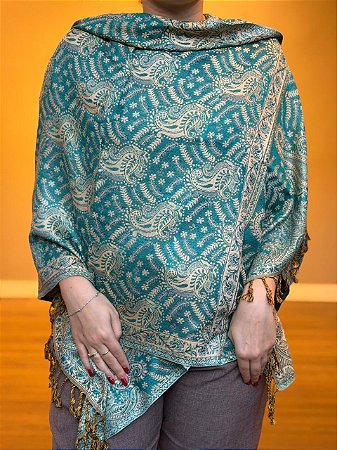 Pashmina de Viscose - Estampada - Turquesa e bege