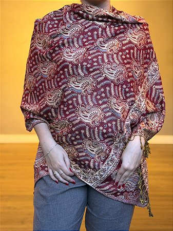 Pashmina de Viscose - Estampada - Vermelho queimado e bege