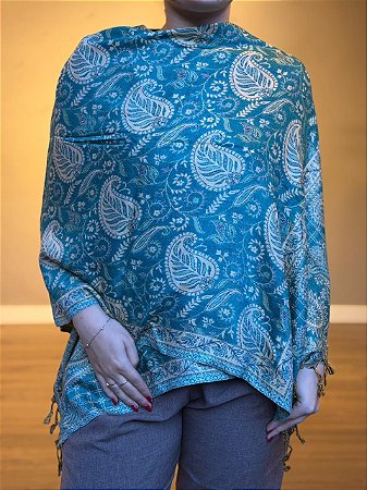 Pashmina de Viscose - Estampada - Turquesa e bege
