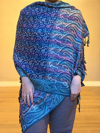 Pashmina de Viscose - Estampada - Azul e colorido