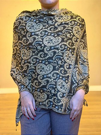 Pashmina de Viscose - Estampada - Preto e bege