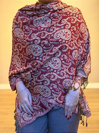 Pashmina de Viscose - Estampada - Vermelho e bege