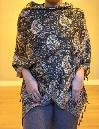 Pashmina de Viscose - Estampada - Preto e bege