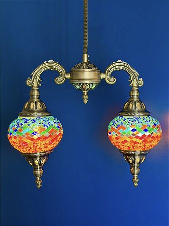 Luminária de Teto Turca - Médio - 2 Globos - Laranja e Azul