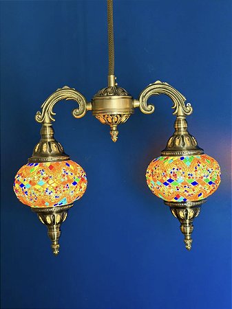 Luminária de Teto Turca - Médio - 2 Globos - Laranja e Colorido