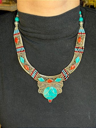 Colar - Metal Alpaca - Turquesa e Vermelho
