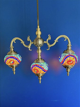 Luminária de Teto Turca - Médio - 3 Globos - Azul e Laranja
