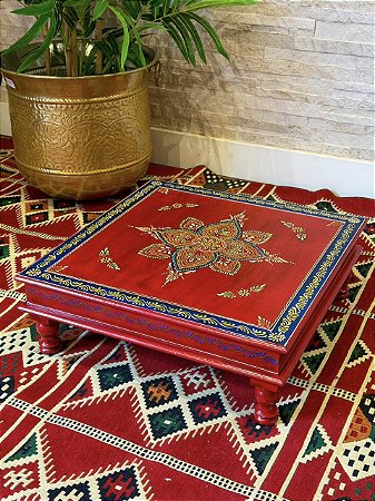 Mesa Madeira - Pintado à Mão - Vermelho e Azul - 45CM