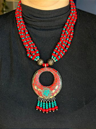 Colar Marroquino - Miçangas - Vermelho e Turquesa