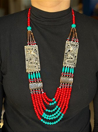 Colar - Metal e Resina - Vermelho e Turquesa