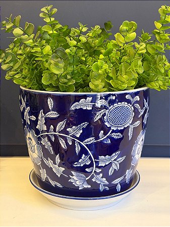 Cachepot em Cerâmica - Flores - Azul Escuro e Branco - 25CM