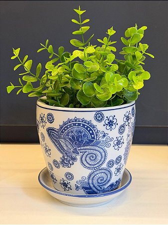 Cachepot em Cerâmica - Arabesco - Azul e Branco - 12,5CM