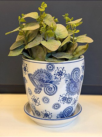 Cachepot em Cerâmica - Arabesco - Azul e Branco - 16CM