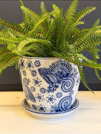 Cachepot em Cerâmica - Arabesco - Azul e Branco - 20CM