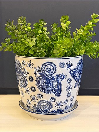 Cachepot em Cerâmica - Arabesco - Azul e Branco - 25CM