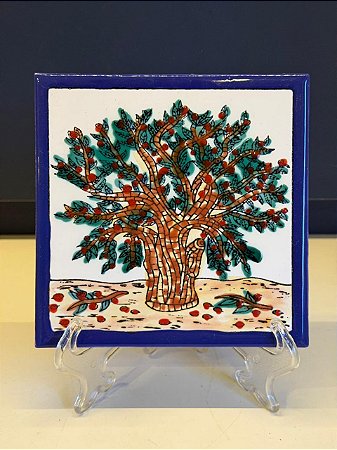Quadro Azulejo - Tunísia - Sem Moldura - Verde, Marrom e Vermelho - 15CM