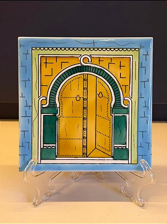 Quadro Azulejo - Tunísia - Sem Moldura - Amarelo, Azul e Verde - 15CM