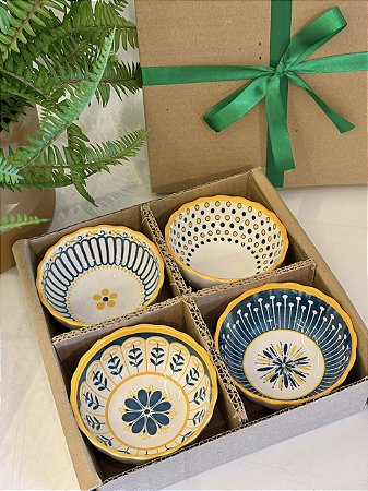 Kit 4 Bowls - Cerâmica - Azul e Amarelo