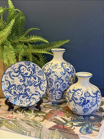 Trio Decorativo - Cerâmica - Azul e Branco
