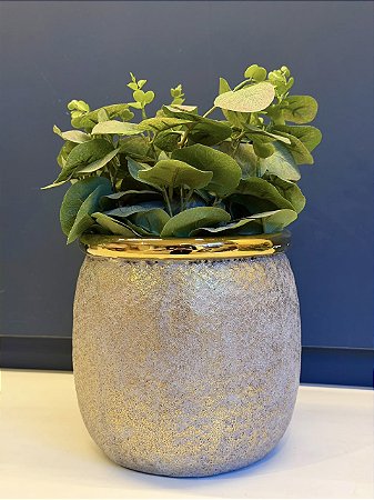 Cachepot em Cerâmica - Cinza e Dourado - 16CM