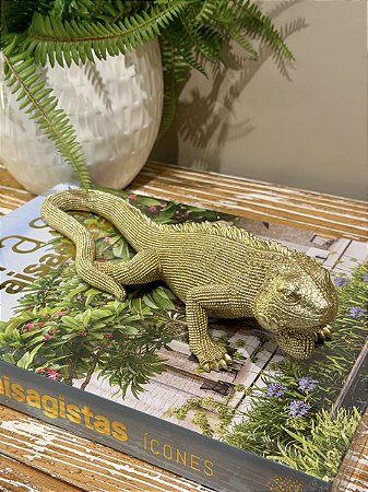 Escultura Iguana - Decorativa - Resina - Dourada