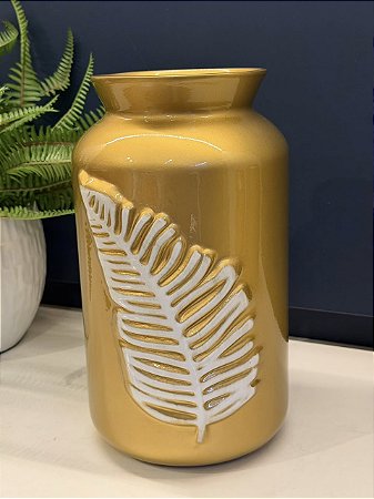 Vaso - Cerâmica - Dourado e Branco - Folha - 30CM