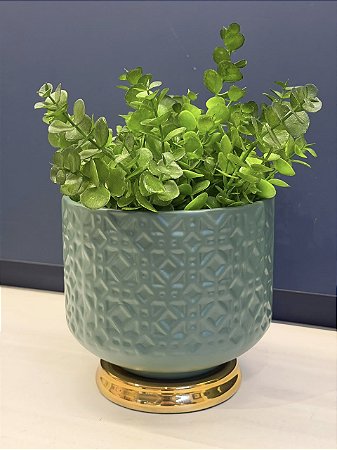 Cachepot em Ceramica - Turquesa e Dourado - 17CM