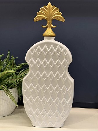 Potiche - Cerâmica - Branco e Dourado - 59CM