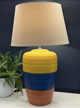 Abajur - Cerâmica - Amarelo, Azul e Vermelho