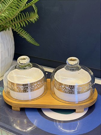 Petisqueira - Madeira, cerâmica e vidro - Branco e dourado