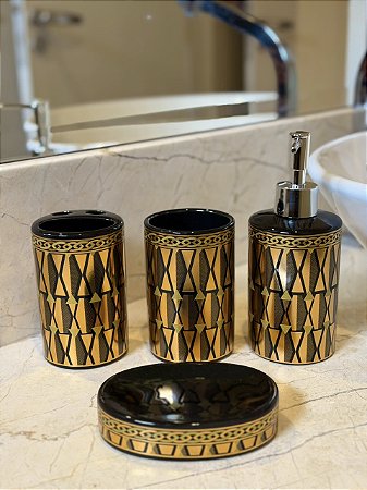Kit Saboneteira - Cerâmica - Preto e Dourado