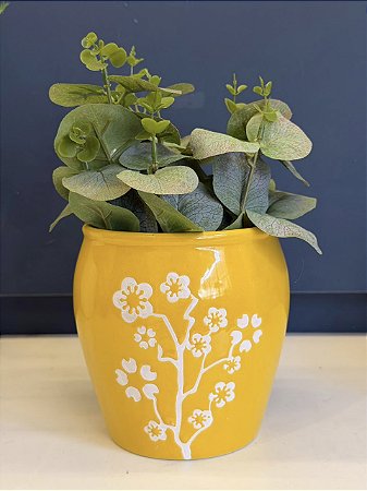 Cachepot em Cerâmica - Amarelo e Branco - 12CM