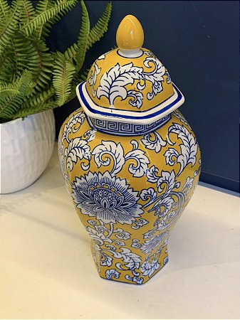 Potiche - Cerâmica - Amarelo, Azul e Branco - 36CM